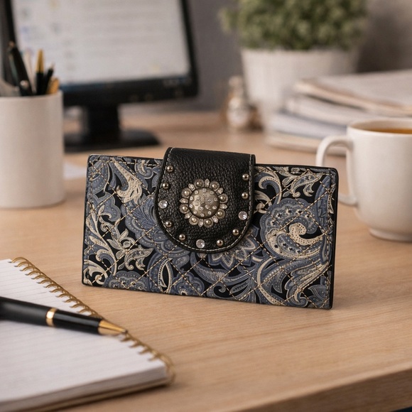 Handbags - Studded Blue Paisley Quilted Embellished Wallet Clutch | Western Boho Rhinestone